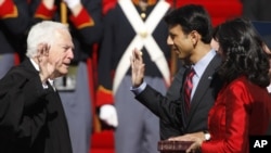 Louisiana Governor Bobby Jindal takes the oath of office on Jan. 14, 2008 during his inauguration ceremony. He was the first Indian-American elected governor of any state. The Smithsonian Institution will highlight the history of Indian-Americans in an up