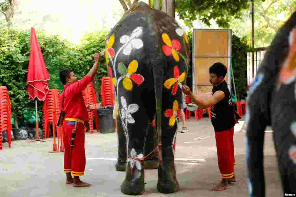 Seekor gajah dicat badannya menjelang perayaan festival air Songkran di provinsi Ayutthaya, sebelah utara Bangkok, Thailand (11/4). (Reuters/Jorge Silva)