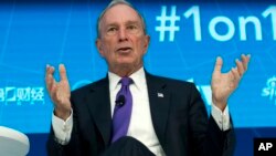 FILE - Michael Bloomberg, a former New York City mayor and U.N. Special Envoy for Climate Action, speaks in Washington, April 19, 2018.