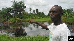 Villager shows effects of an oil spill right behind his home in Nigeria's Niger Delta region. (file photo)