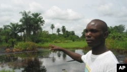 Villager shows effects of an oil spill right behind his home in Nigeria's Niger Delta region. (file photo)