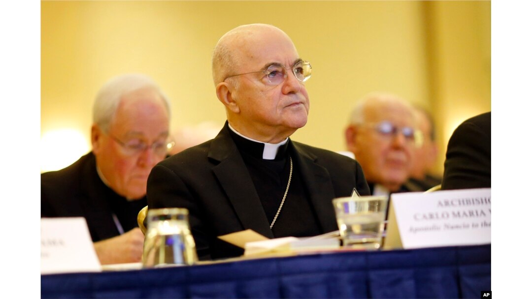FILE - Archbishop Carlo Maria Vigano, then-Apostolic Nuncio to United States, listens to remarks at the United States Conference of Catholic Bishops' annual fall meeting in Baltimore, Maryland, Nov. 16, 2015.