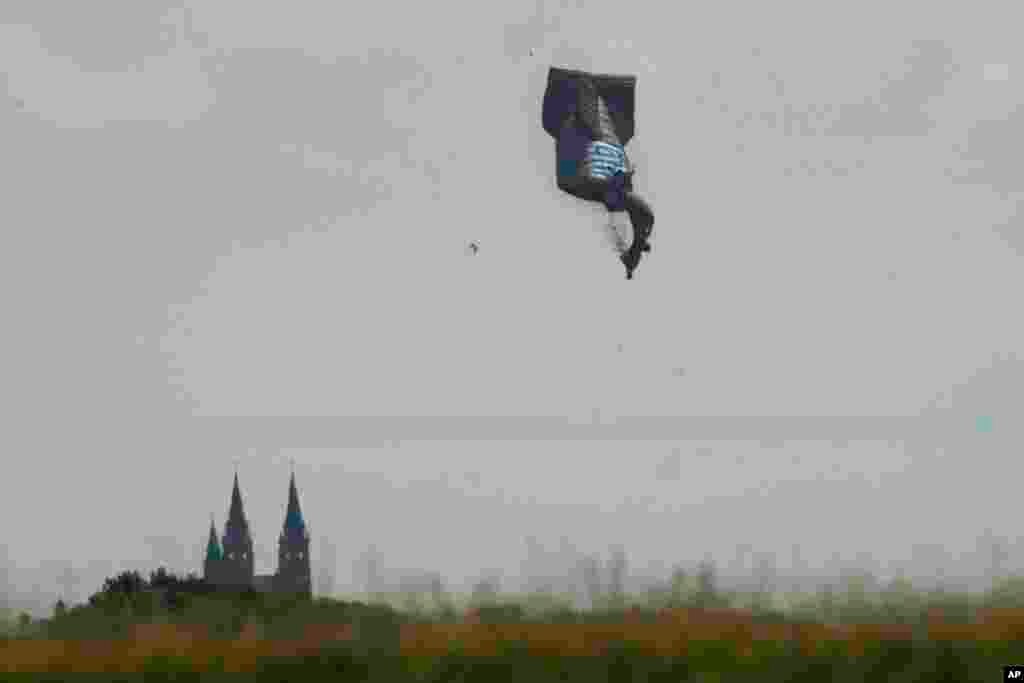 A blimp crashes during the first round of the U.S. Open golf tournament near Erin Hills in Erin, Wisconsin.