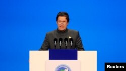 FILE - Pakistani Prime Minister Imran Khan speaks in Shanghai, China, Nov. 5, 2018.