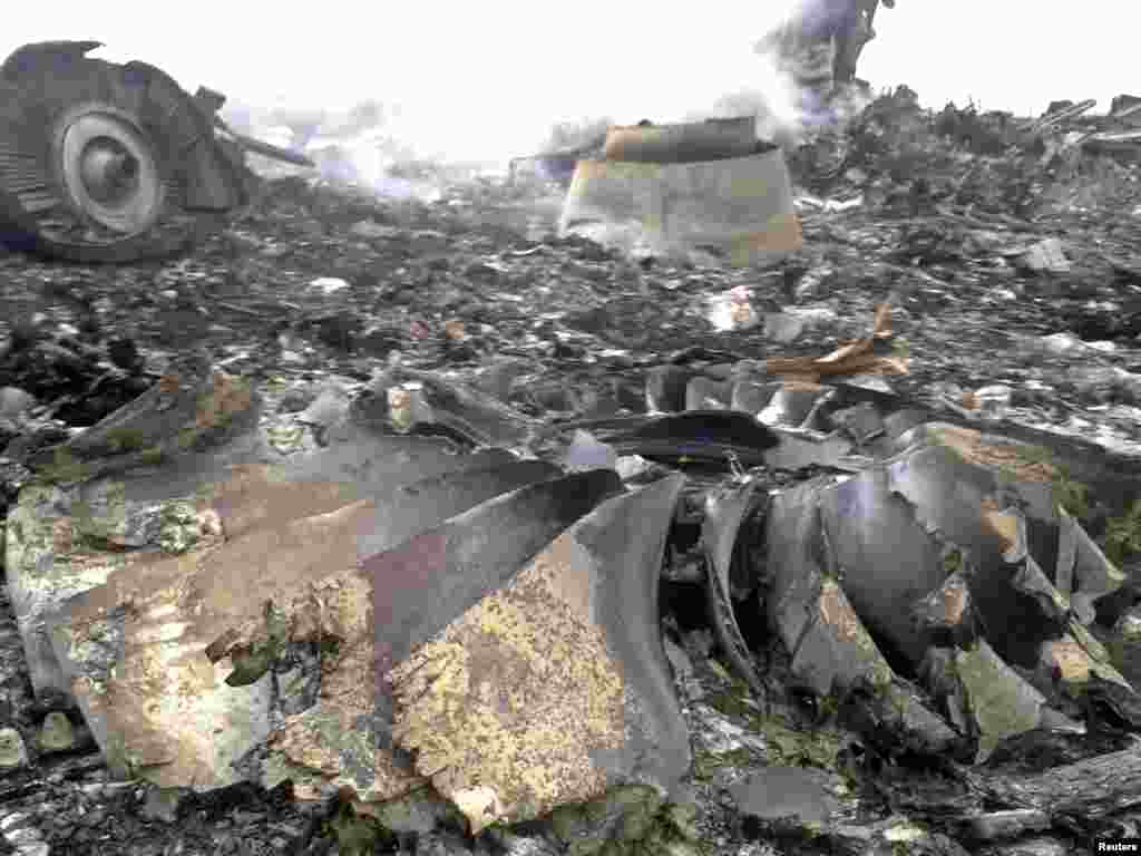 The site of a Malaysia Airlines Boeing 777 plane crash is seen at the settlement of Grabovo in the Donetsk region. The airliner was shot down over eastern Ukraine by pro-Russian militants, killing all 295 people aboard, a Ukrainian interior ministry official said.