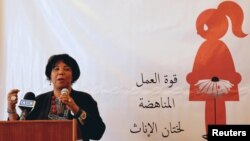 Azza Soliman, lawyer, women's rights advocate and co-founder of the Centre for Egyptian Women's Legal Assistance, speaks during a conference on International Day of Zero Tolerance for Female Genital Mutilation (FGM) in Cairo, Feb. 6, 2018.
