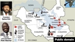 Peta wilayah Sudan Selatan, Presiden Salva Kiir dan mantan Wakil Presiden Riek Machar (foto: dok).