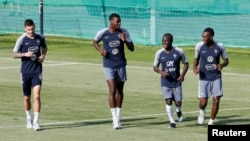 France’s Lucas Hernandez, Paul Pogba, N’Golo Kante and Blaise Matuidi at France’s training site in Moscow, July 12, 2018.