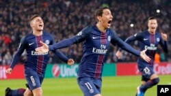 Angel Di Maria célèbre son but contre Barcelone au Parc des Princes, Paris, le 14 février 2017