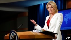 FILE - State Department spokeswoman Heather Nauert speaks during a briefing at the State Department in Washington, Aug. 9, 2017. 