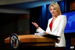 FILE - State Department spokeswoman Heather Nauert speaks during a briefing at the State Department in Washington, Aug. 9, 2017.