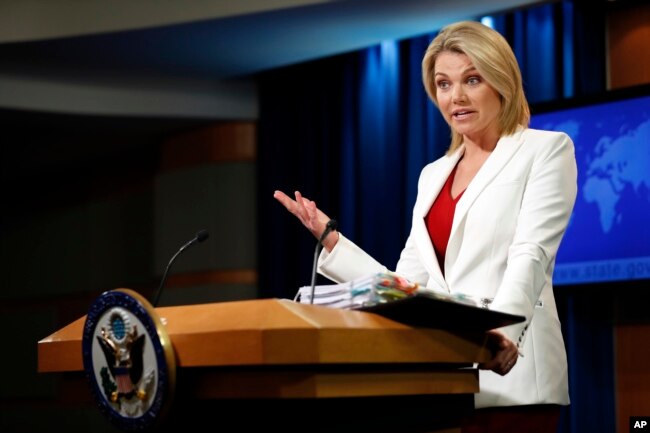 FILE - State Department spokeswoman Heather Nauert speaks during a briefing at the department in Washington, Aug. 9, 2017.