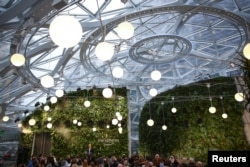 Amazon founder and CEO Jeff Bezos opens the Amazon Spheres by asking Alexa during an opening event at Amazon's Seattle headquarters in Seattle, Washington, Jan. 29, 2018. The Spheres are made up of 2,643 glass panels.