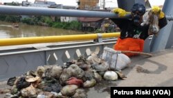 Relawan Brigade Evakuasi Popok Ecoton memungut sampah popok dari jembatan Karangpilang Surabaya (foto Petrus Riski-VOA)