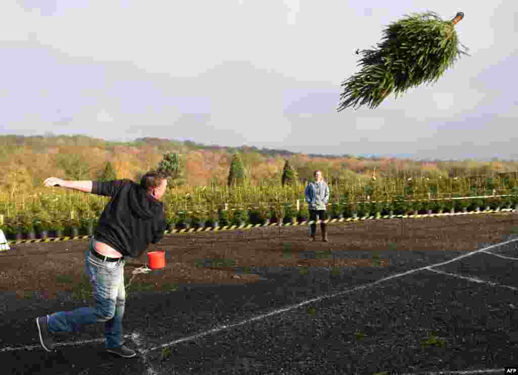 A man takes part in the UK Christmas Tree Throwing Championships held at Keele Christmas Tree Farm in central England.