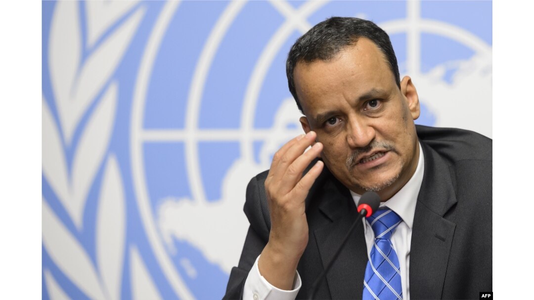 FILE - United Nations Special Envoy for Yemen, Ismail Ould Cheikh Ahmed, gestures during a press conference at the UN offices at Geneva, June 19, 2015.