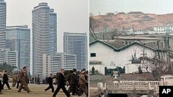올해 4월 평양 시내(왼쪽)와 평양 외곽의 마을 풍경.