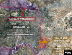 Map of Jerusalem showing the changing lines that created the territorial anomaly where the new U.S. embassy to Israel will be partly located.