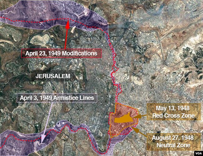 Map of Jerusalem showing the changing lines that created the territorial anomaly where the new U.S. embassy to Israel will be partly located.