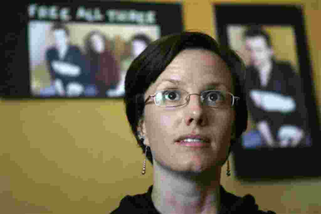 Sarah Shourd speaks to the media, Saturday, Oct. 9, 2010 in Oakland, Calif. Sarah Shourd recently freed by Iran said Saturday she is still haunted by images of her friend and fiance in their cramped jail cells and won't have her life back until they have