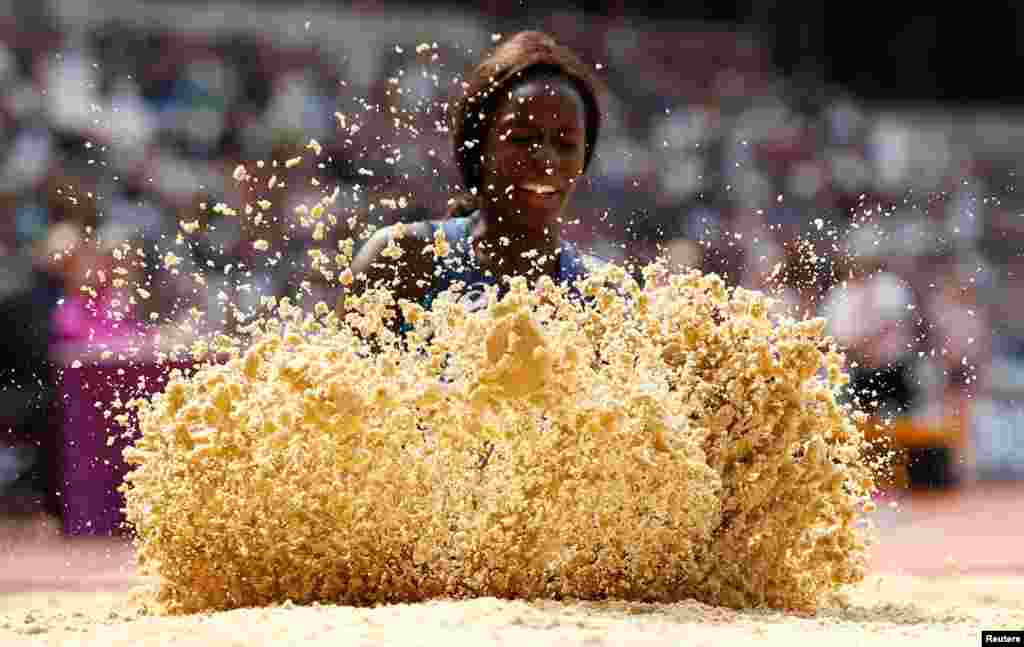 Angelina Lanza of France competes in the Women's Long Jump T47 Final at the IAAF World Para Athletics Champioins in London.