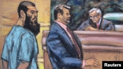 Abid Naseer (L) is seen in a courtroom sketch with his attorney Steven Brounstein (C) and Judge Raymond Dearie as he pleads not guilty to terrorism charges in his first U.S. court appearance in New York January 7, 2013.