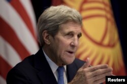 U.S. Secretary of State John Kerry speaks during a news conference at the Ala Archa compound in Bishkek, Kyrgyzstan, Oct. 31, 2015.