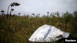 FILE - A piece of wreckage of downed Malaysia Airlines flight MH17 is pictured near the village of Hrabove, Donetsk region, eastern Ukraine, Sept. 9, 2014.