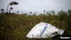 FILE - a piece of wreckage of downed Malaysia Airlines flight MH17 is seen near the village of Hrabove, Donetsk region, eastern Ukraine, Sept. 9, 2014.