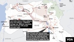 이슬람 수니파 무장반군 ISIL이 장악한 시리아의 역사 도시 팔미라 지역(왼쪽)과 이라크 라마디 지역(오른쪽).