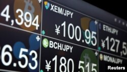 A monitor shows various cryptocurrencies' exchange rates against Japanese Yen including NEM coin (middle in the top) at 'nem bar', where customers can pay with NEM coins, in Tokyo, Japan, Jan. 29, 2018.