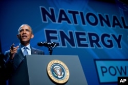 FILE - President Barack Obama speaks at the National Clean Energy Summit at the Mandalay Bay Resort Convention Center, Aug. 24, 2015, in Las Vegas.
