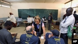Observers from the European Union watch Senegalese electoral officials count ballots during presidential elections in the capital Dakar, February 26, 2012