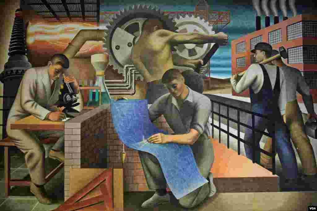 Bustling with work and activity, "The Wealth of the Nation" by Seymour Fogel is an interpretation of the theme of Social Security