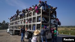 U.S.-bound migrants from Central America travel inside a chicken truck as they head for Irapuato, Mexico, Nov. 11, 2018. 