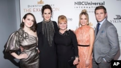FILE - (L-R) Sophie McShera, Michelle Dockery, Lesley Nicol, Joanne Froggatt and Allen Leech attend the "Downton Abbey: The Exhibition" VIP opening party on Nov. 17, 2017, in New York.