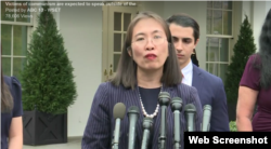 Blogger Mother Mushroom aka Nguyen Ngoc Nhu Quynh speaks at White House after meeting with President Trump 07/11/2019. Photo ABC 13.