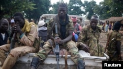 FILE - Seleka fighters sit on a truck in Goya, Central African Republic, June 11, 2014.