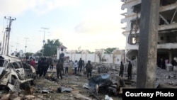 Severe damage from a car bomb explosion is visible at the Hotel Jazeera in Mogadishu, Somalia, July 26, 2015. (Courtesy photo by Mohamed Moalimuu)