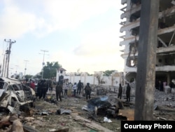 A car bomb rips through the Jazeera hotel in Mogadishu, Somalia, Sunday morning, July 26, 2015. (Courtesy photo by Mohamed Moalimuu)