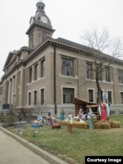 The Nativity scene on display outside the Franklin County Courthouse in Brookville, Indiana. (Photo provided by ACLU of Indiana)