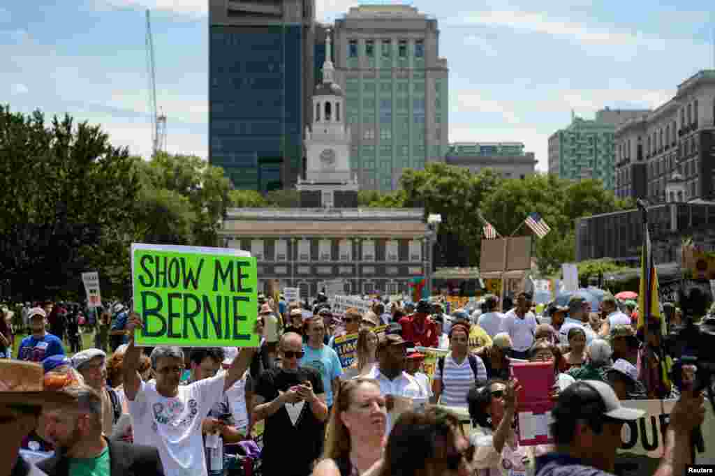 Protesters gather at Independence Park ahead of Monday&#39;s start of the Democratic National Convention in Philadelphia, July 24, 2016.