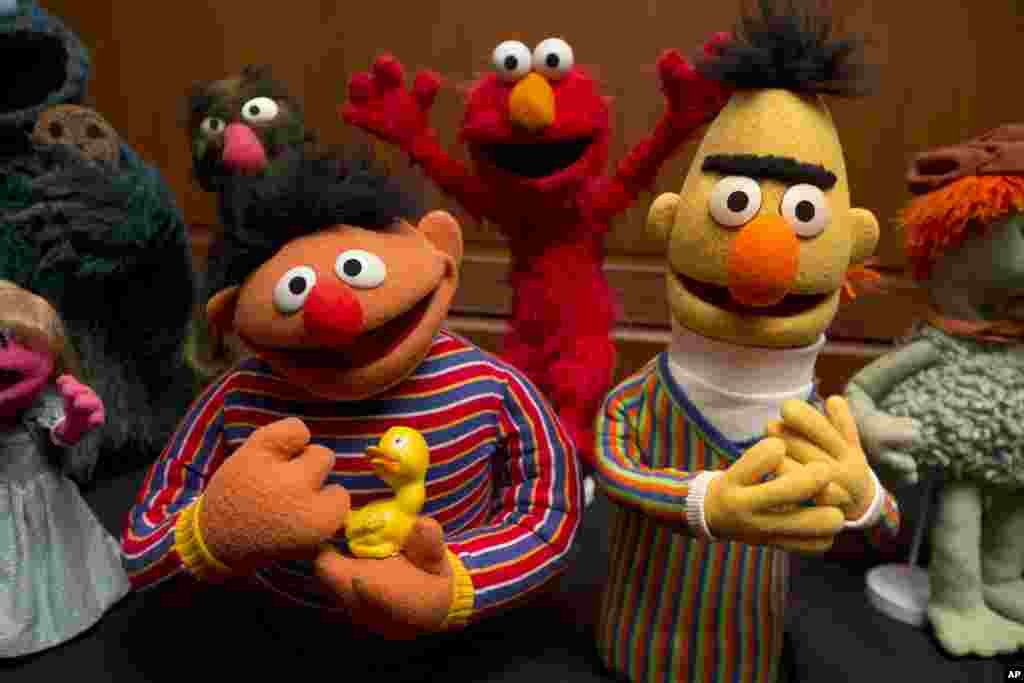 Muppets Bert and Ernie, as well as Elmo, center, are among a donation of additional Jim Henson objects to the Smithsonian's National Museum of American History in Washington.