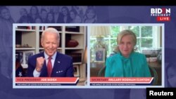 前国务卿和2016年民主党总统候选人希拉里·克林顿在一次视频会议上宣布支持前副总统乔·拜登竞选总统。(2020年4月28日)
