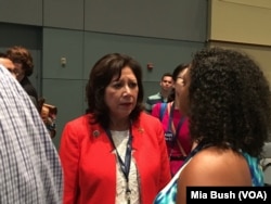 Former Labor Secretary Hilda Solis spoke to the Hispanic Caucus during the Demcratic National Convention, in Philadelphia, July 27, 2016.