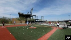 Fans play wiffle ball at Salt River Fields at Talking Stick before a spring training baseball game between the Arizona Diamondbacks and the Seattle Mariners in Scottsdale, Arizona., March 14, 2016. 