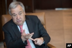 FILE - United Nations Secretary-General Antonio Guterres speaks during an interview at United Nations headquarters, May 7, 2019.