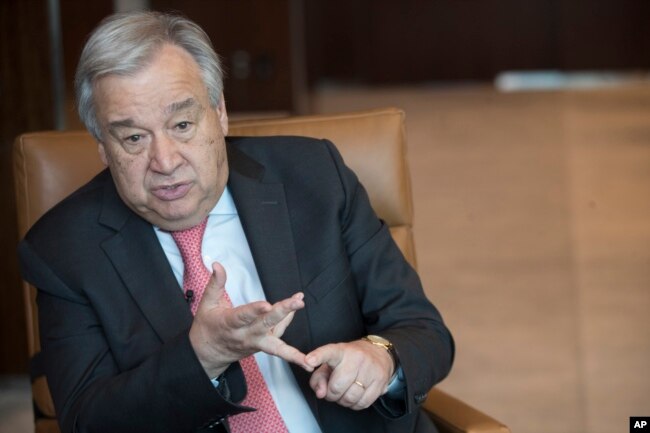 FILE - United Nations Secretary-General Antonio Guterres speaks during an interview at United Nations headquarters, May 7, 2019.