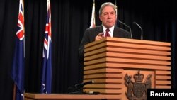 FILE - Winston Peters, leader of the New Zealand First Party, speaks during a media conference in Wellington, New Zealand, Sept. 27, 2017. 