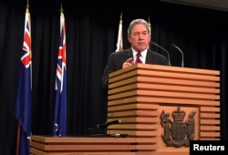 FILE - Winston Peters, leader of the New Zealand First Party, speaks during a media conference in Wellington, New Zealand, Sept. 27, 2017.